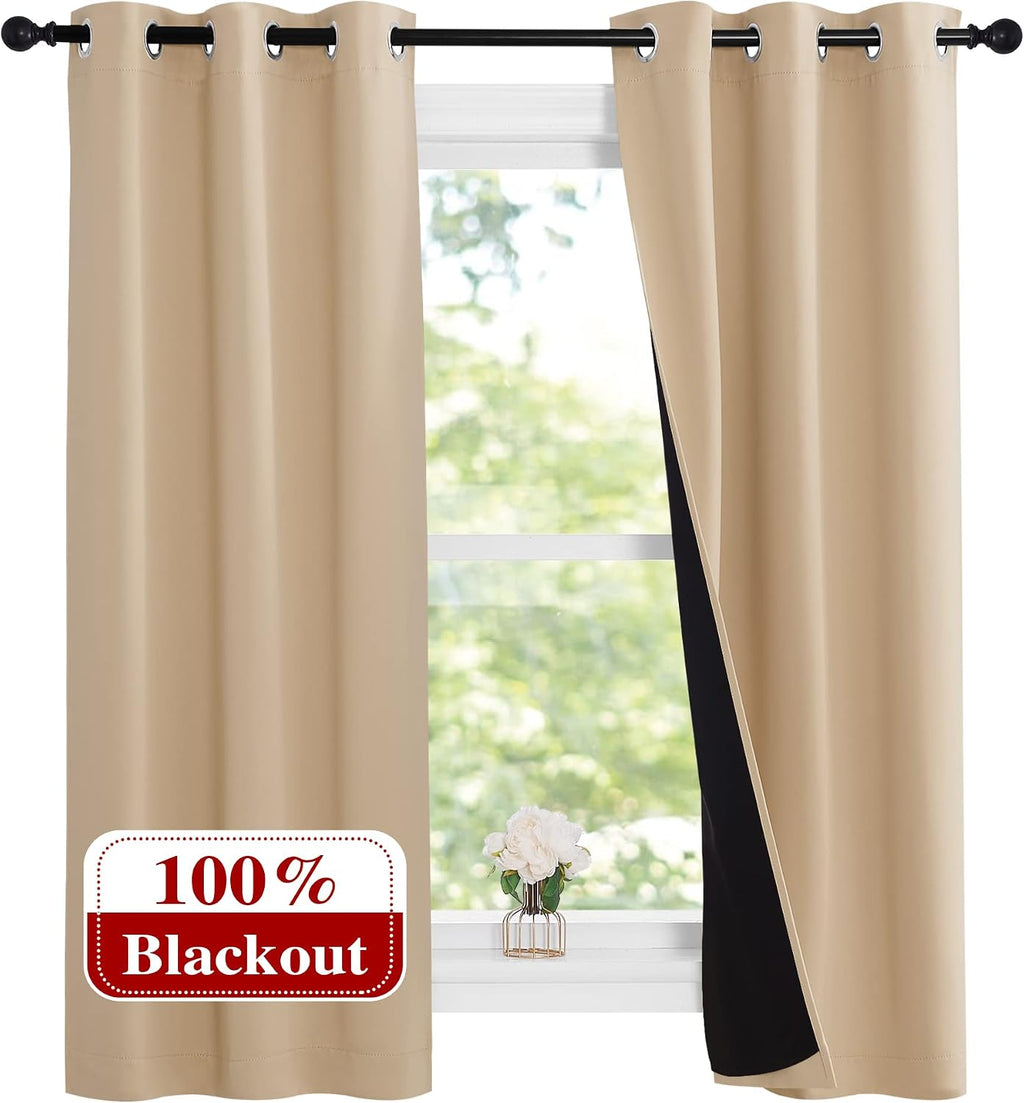 Nicetown Bedroom Full Blackout Curtain Panels, Set of 2 Pcs, 37 by 60-inch, Biscotti Beige, Super Thick Insulated Grommet Drapes, Double-La…
