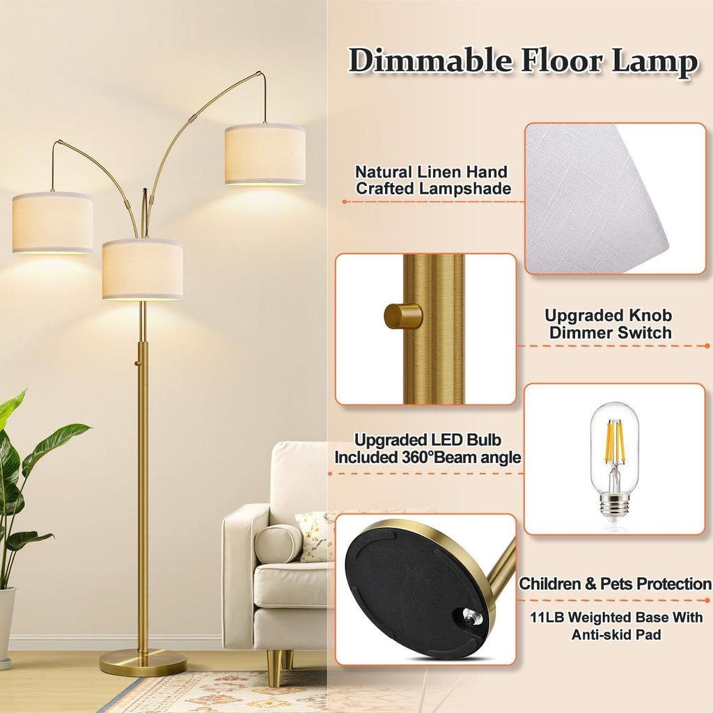 Dimmable Floor Lamp, 3 Light Brass Arc Floor Lamp, Modern Tall Standing Tree Lamp with White Linen Shades & Heavy Base, 3000LM LED Bulbs…