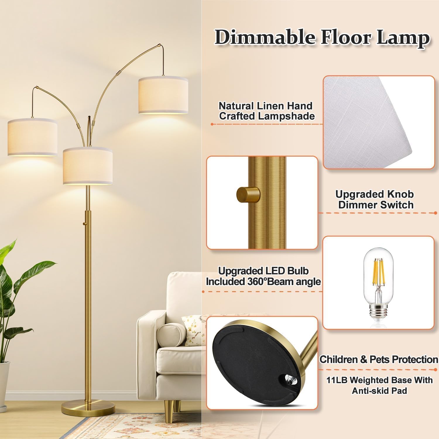 Dimmable Floor Lamp, 3 Light Brass Arc Floor Lamp, Modern Tall Standing Tree Lamp with White Linen Shades & Heavy Base, 3000LM LED Bulbs…
