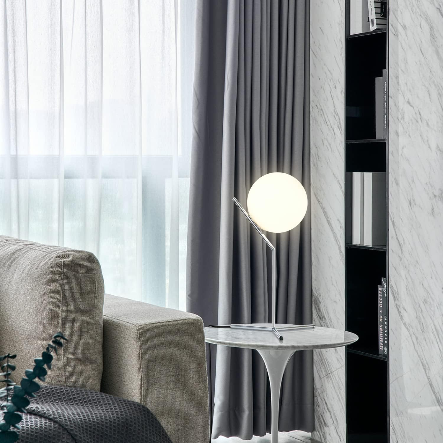 BOKT Modern Chrome Metal Globe Table Lamp Contemporary Milk White Glass Reading Lamp 1-Light E26 Table Standing Lamp Home Decor Glass…