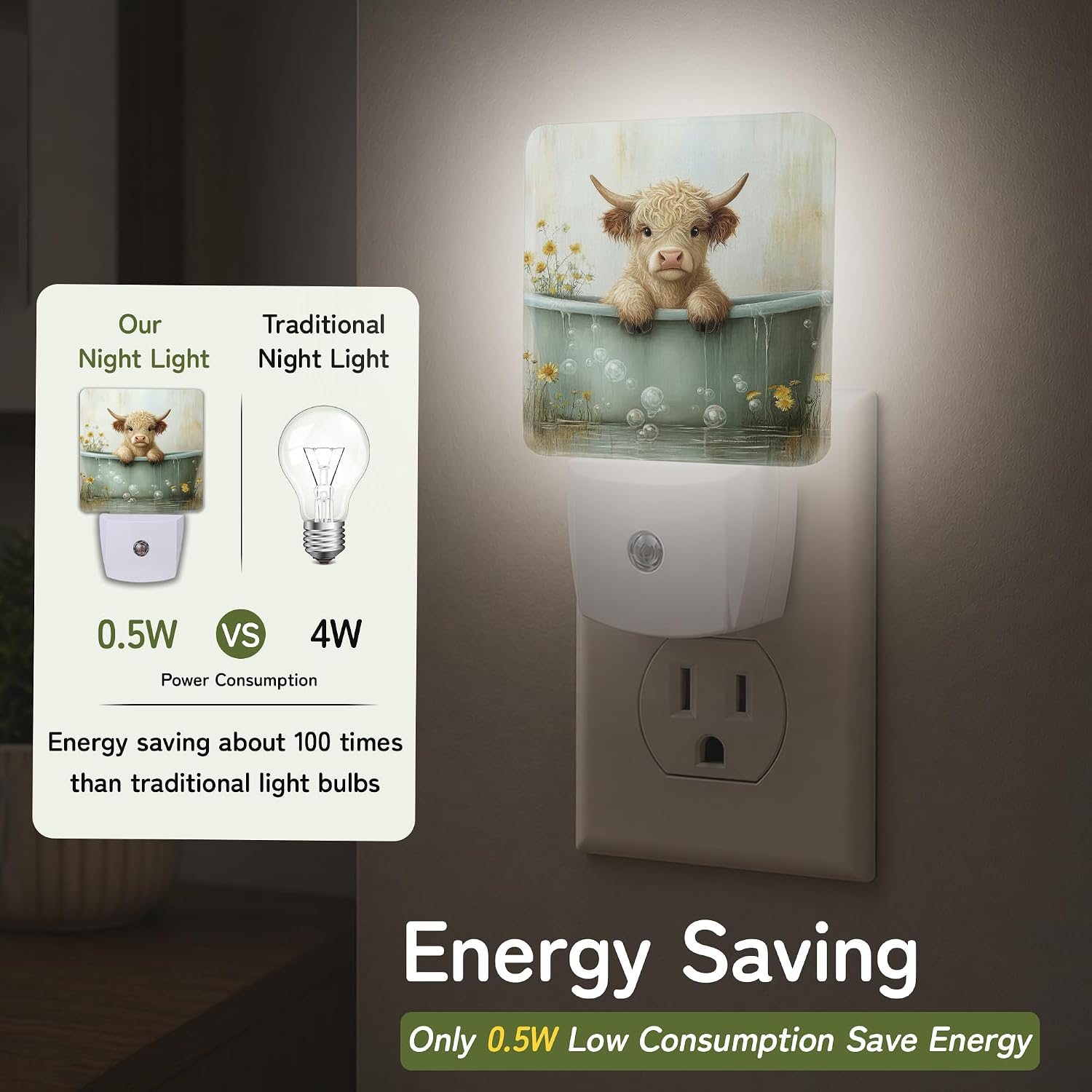 Highland Cow Bathtub Night Lights Plug into Wall, Night Light with Dusk to Dawn Sensor for Bedroom Bathroom Kitchen Hallway Stairs…