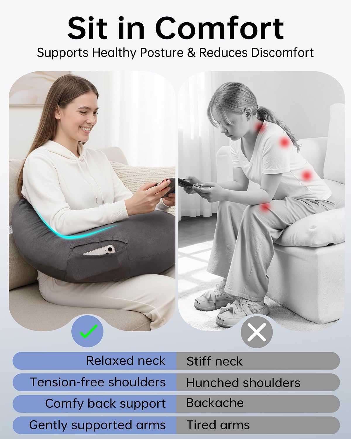 Enitya U-Shaped Ergonomic Reading & Gaming Pillow with Arm Elbow Support for Adults Kids, Bed Rest Pillow for Nursing, Crocheting, Knitting…