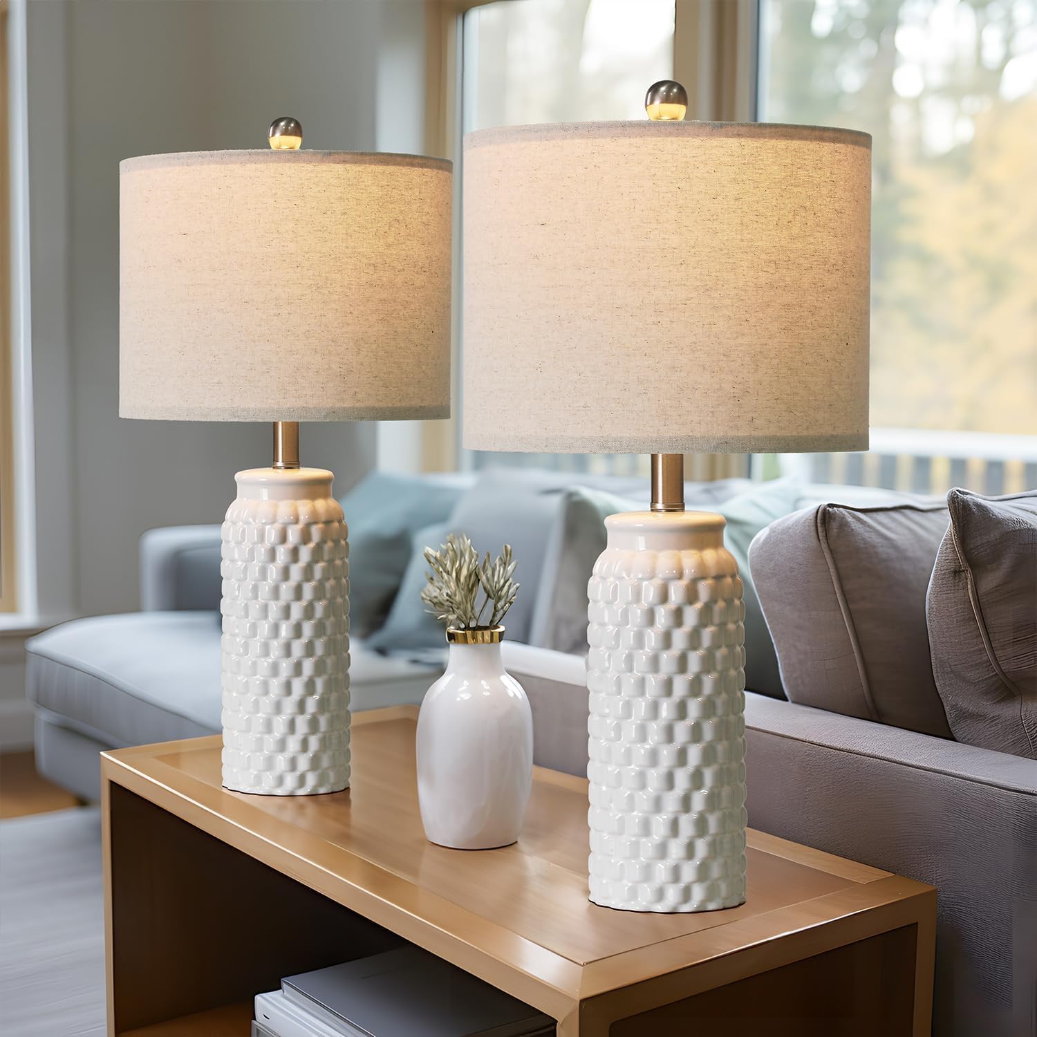 USumkky 24" Modern Ceramic White Bedside Lamp Set of 2 Table Lamp for Bedroom Decor Farmhouse Table Lamp for Living Room Office Dorm