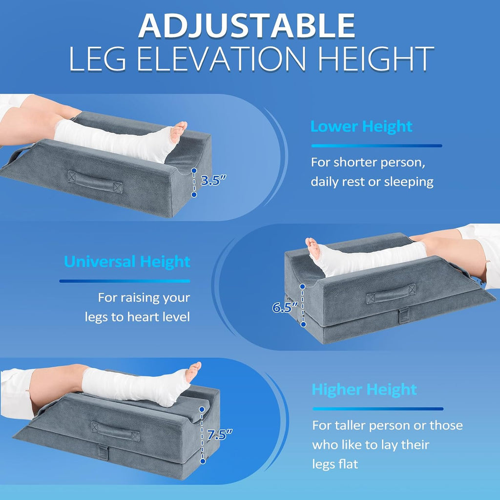Wellsin 4-Height Adjustable Leg Elevation Pillows for After Surgery, Knee and Ankle Injuries, Memory Foam Leg Wedge Pillow with 3…