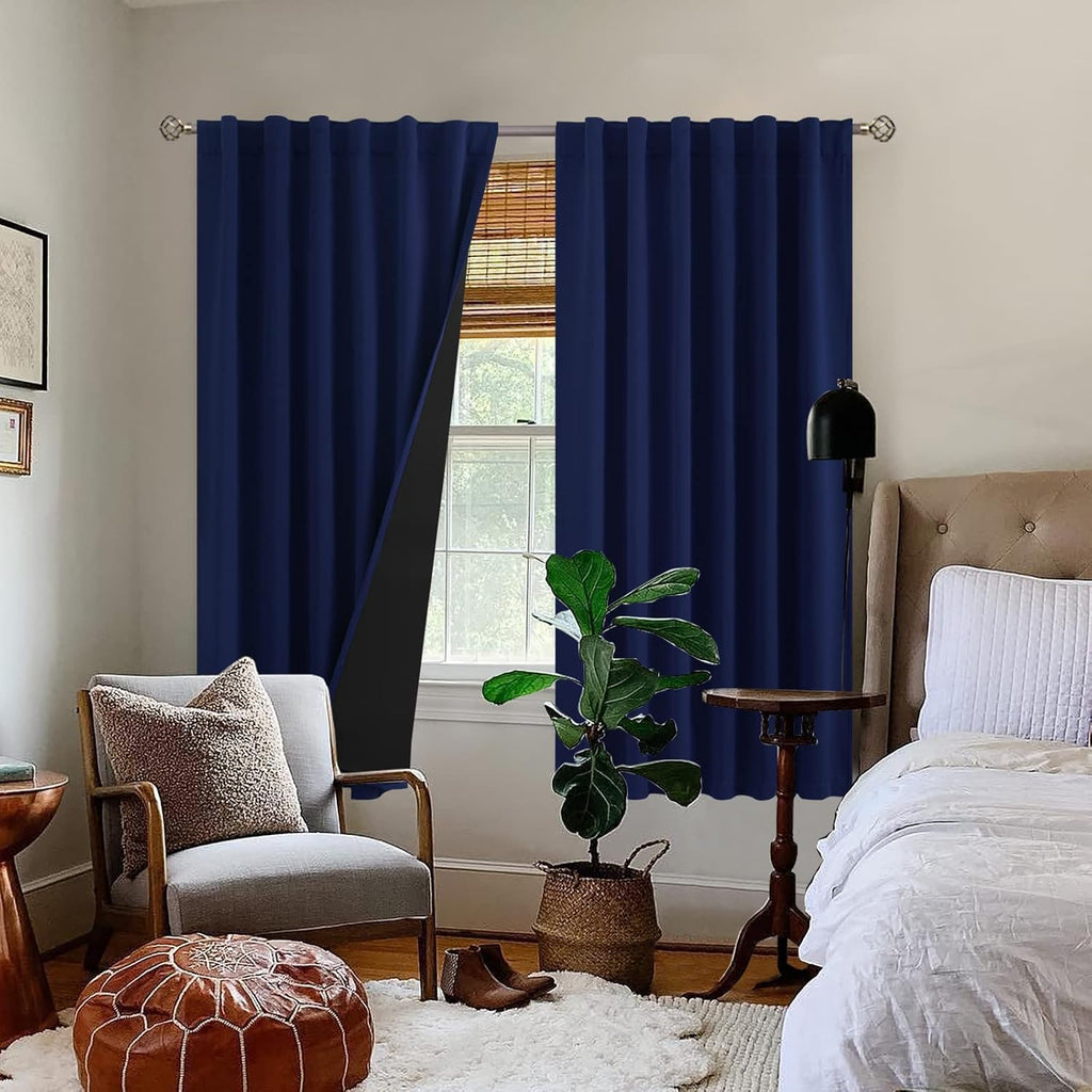 BGment Navy Blue 100% Blackout Curtains 63 Inches Long with Reducing Noise Liner, Rod Pocket and Back Tab Double Layer Full Room…