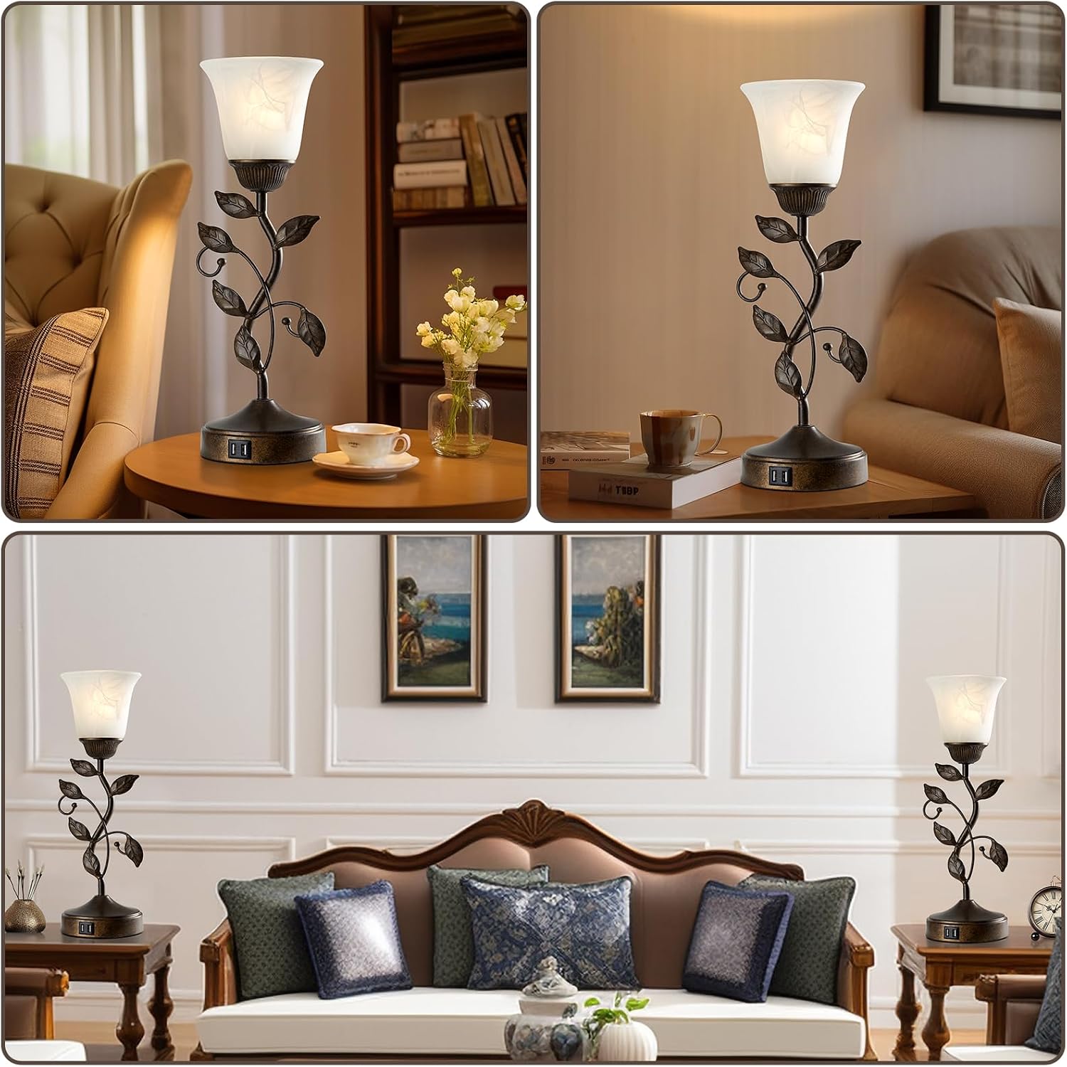 Touch Bedside Table Lamp, Vintage Nightstand Lamp with 2 USB Ports for Living Room, 3 Way Dimmable Leaf Lamp Retro Table Lamp for Bedroom…