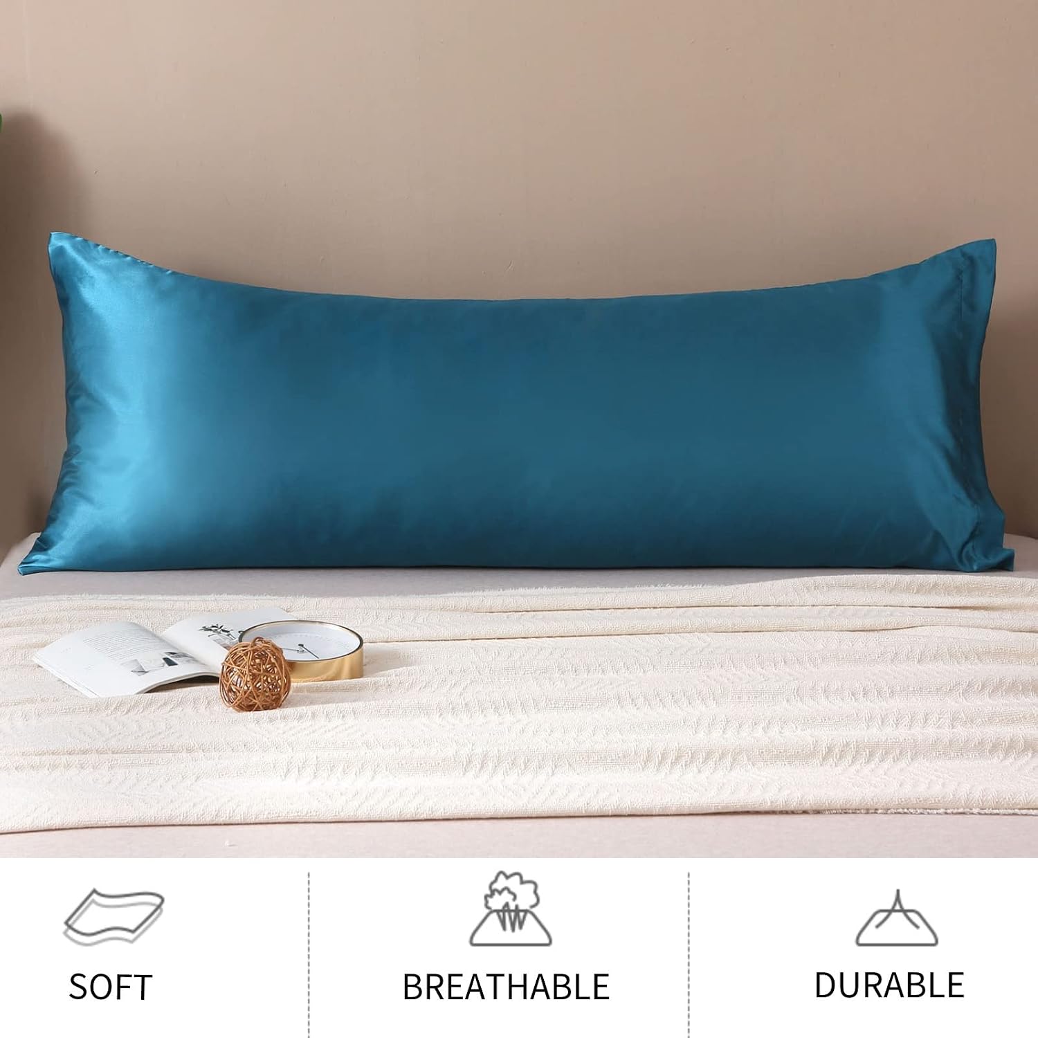 Lcbd Satin Body Pillow Case for Hair and Skin, Teal Silk Satin Body Pillowcase Cover, 20x54 Body Cooling Pillow Cover with Envelope Closure…