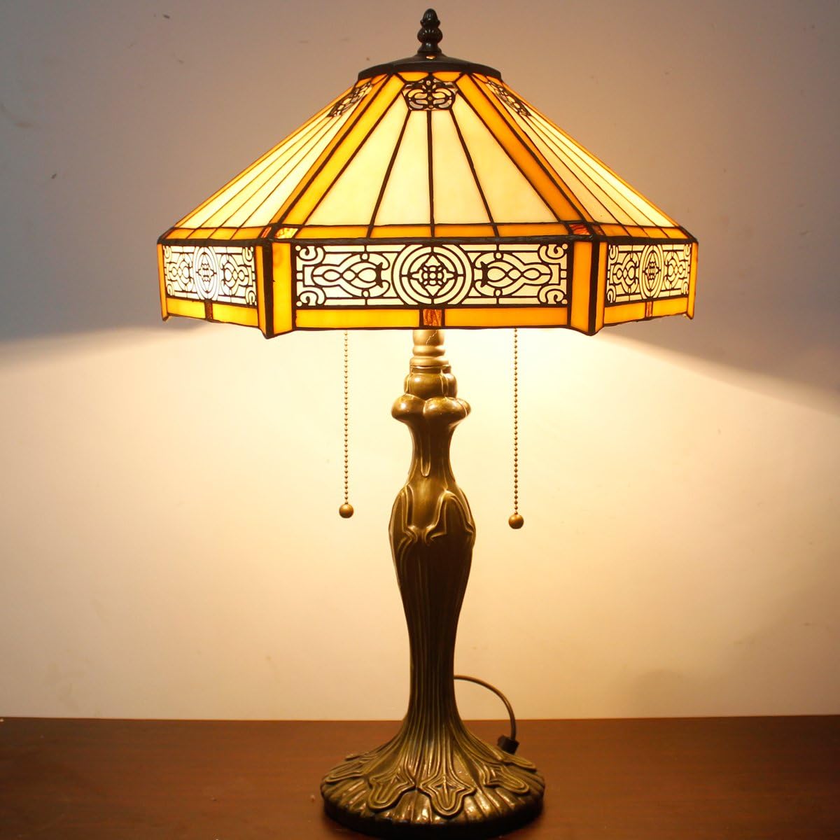 WERFACTORY Tiffany Table Lamp Yellow Hexagon Stained Glass Bedside Lamp Mission 16X16X24 Inches Desk Reading Light Metal Base Decor…