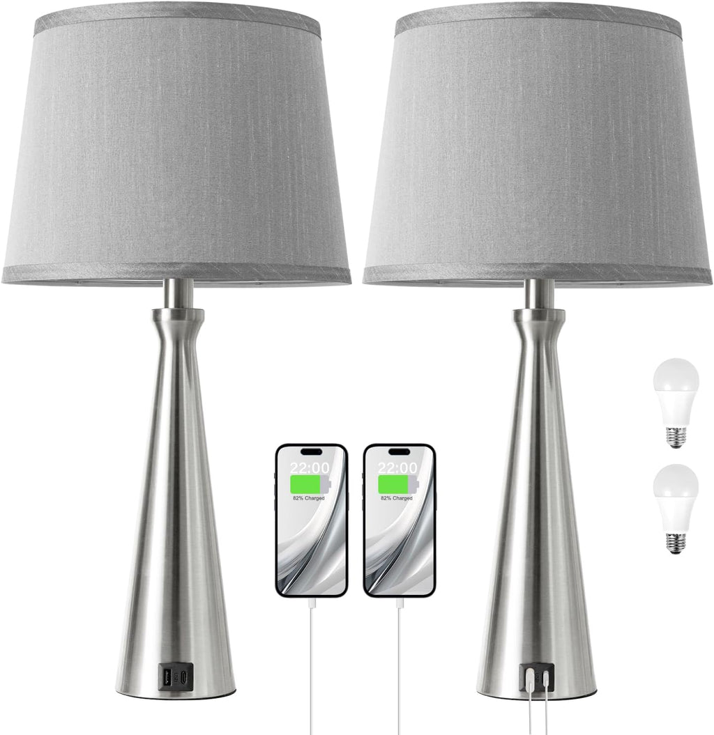Seealle Modern Table Lamps Set of 2 - Touch Bedside Lamp for Nightstand with Dual USB C+A,3-Way Dimmable Silver Nightstand Lamps for…