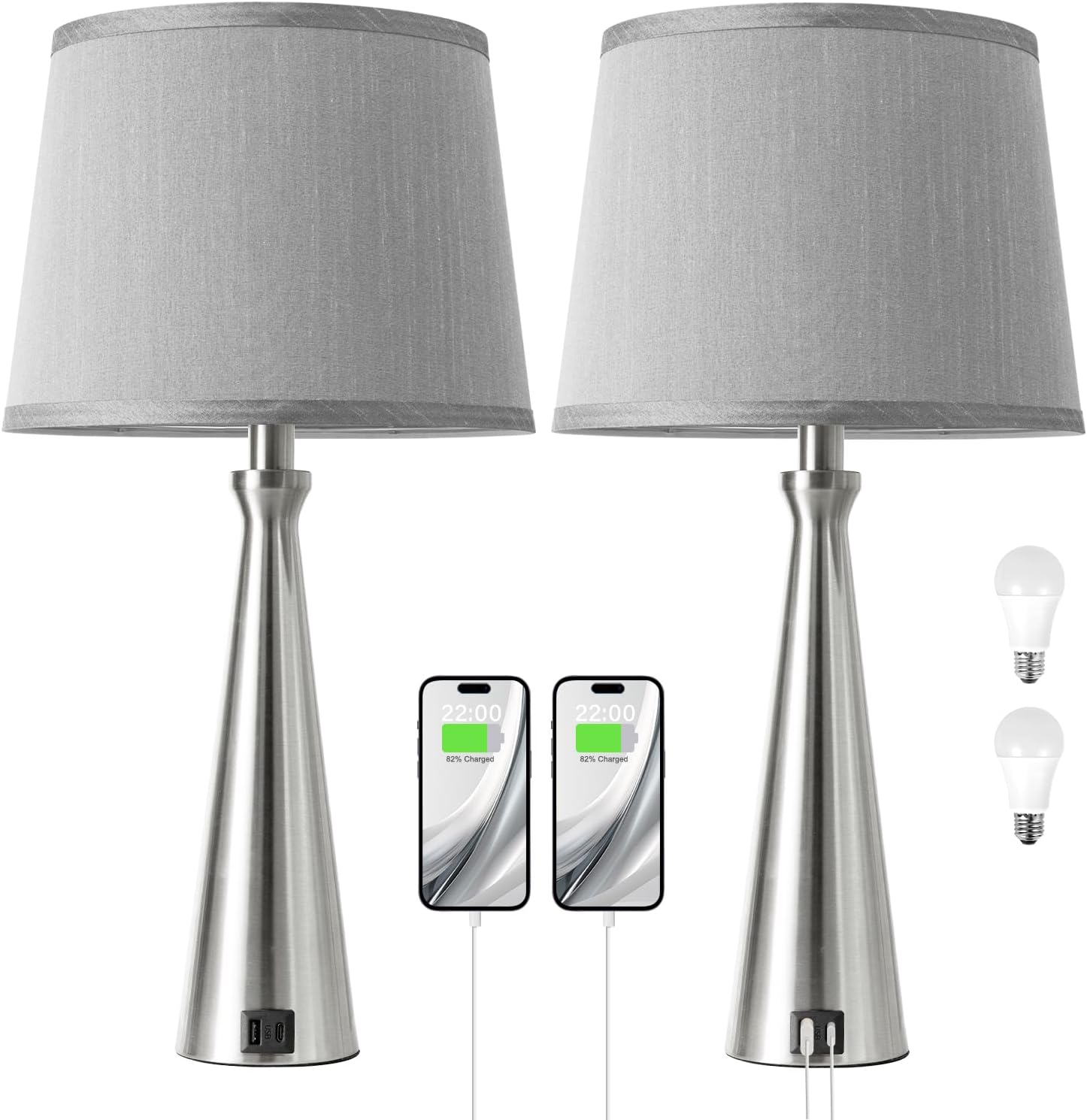 Seealle Modern Table Lamps Set of 2 - Touch Bedside Lamp for Nightstand with Dual USB C+A,3-Way Dimmable Silver Nightstand Lamps for…