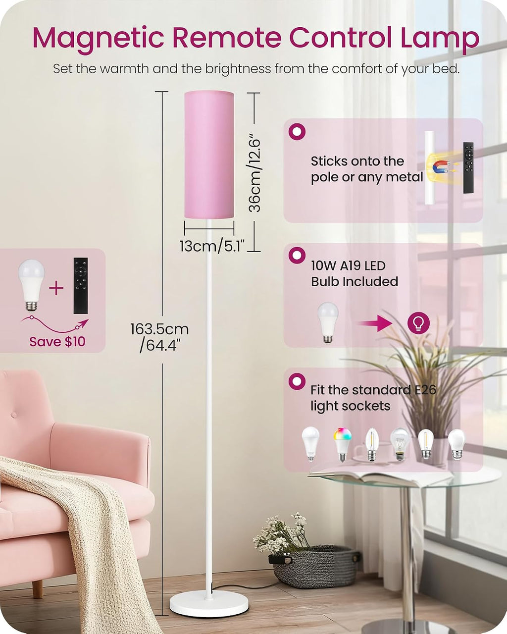 Dimmable Floor Lamps for Living Room with Remote and Foot Switch, 64.4” Modern Standing Tall Lamp, Corner Lamp for Bedroom, Bulb…