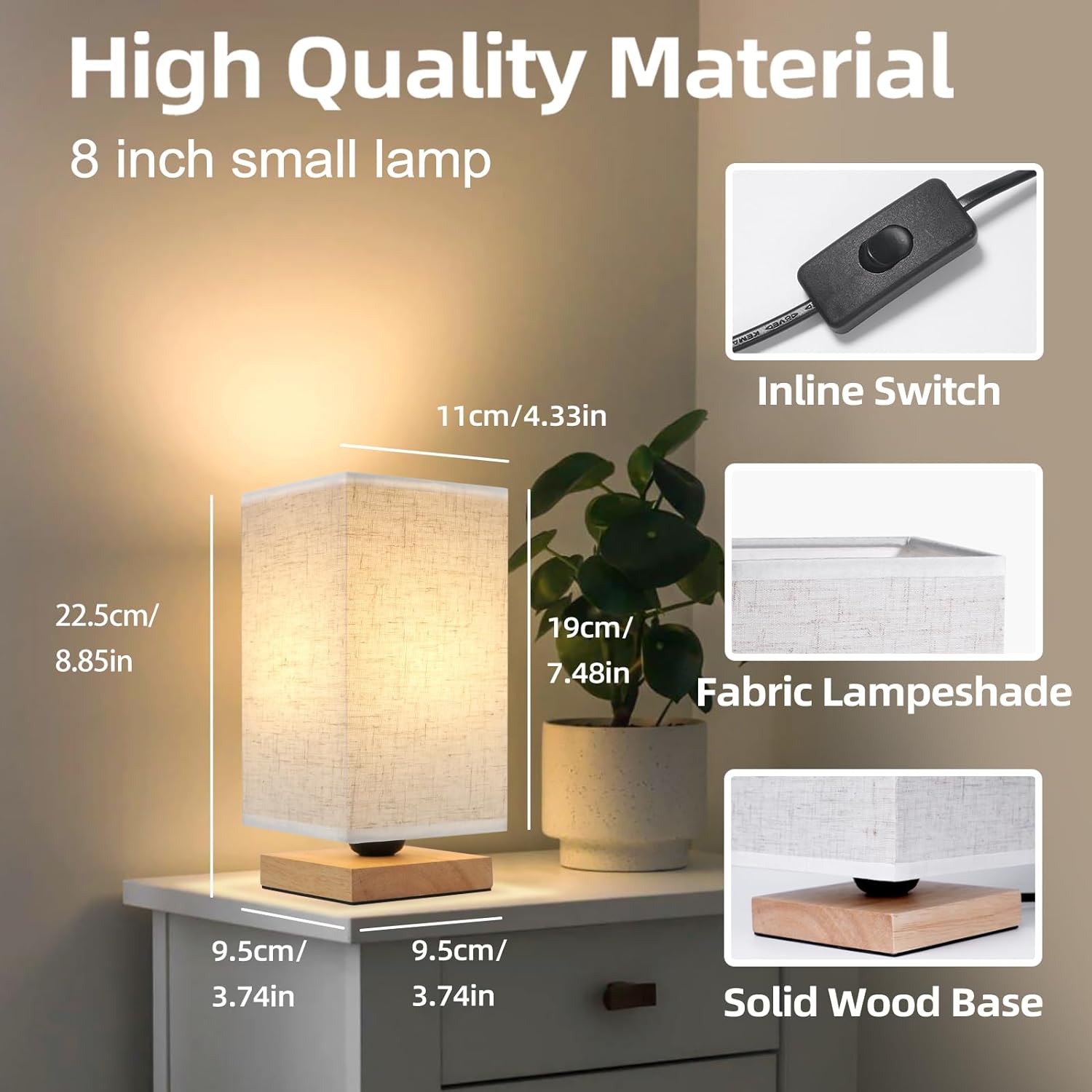 Small Square Bedside Table Lamp for Bedroom, Minimalist Wood Base & Round Fabric Shade, Mini Cute Cozy Warm Nightstand Boho Lamp, Study…