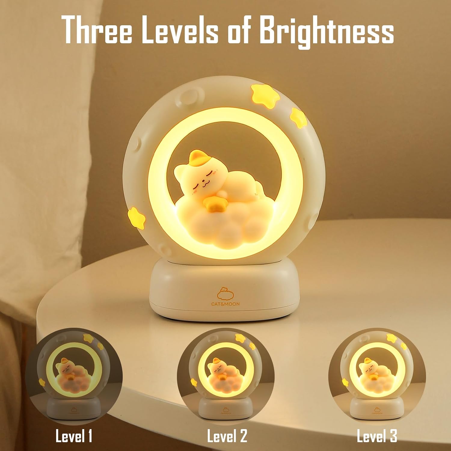 Moon and Cat Rechargeable Night Light, Safe PVC and ABS Material, 3 Brightness Levels, Tap Control, Warm Light, Toddler Sleeping Lamp…