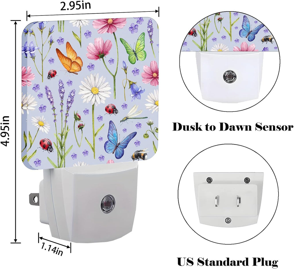 Wild Flowers and Insects Butterflies Night Light, Plug Into Wall for Boys Girls Bedroom Decorative Square Night Light Lamp 0.5w Sleep…