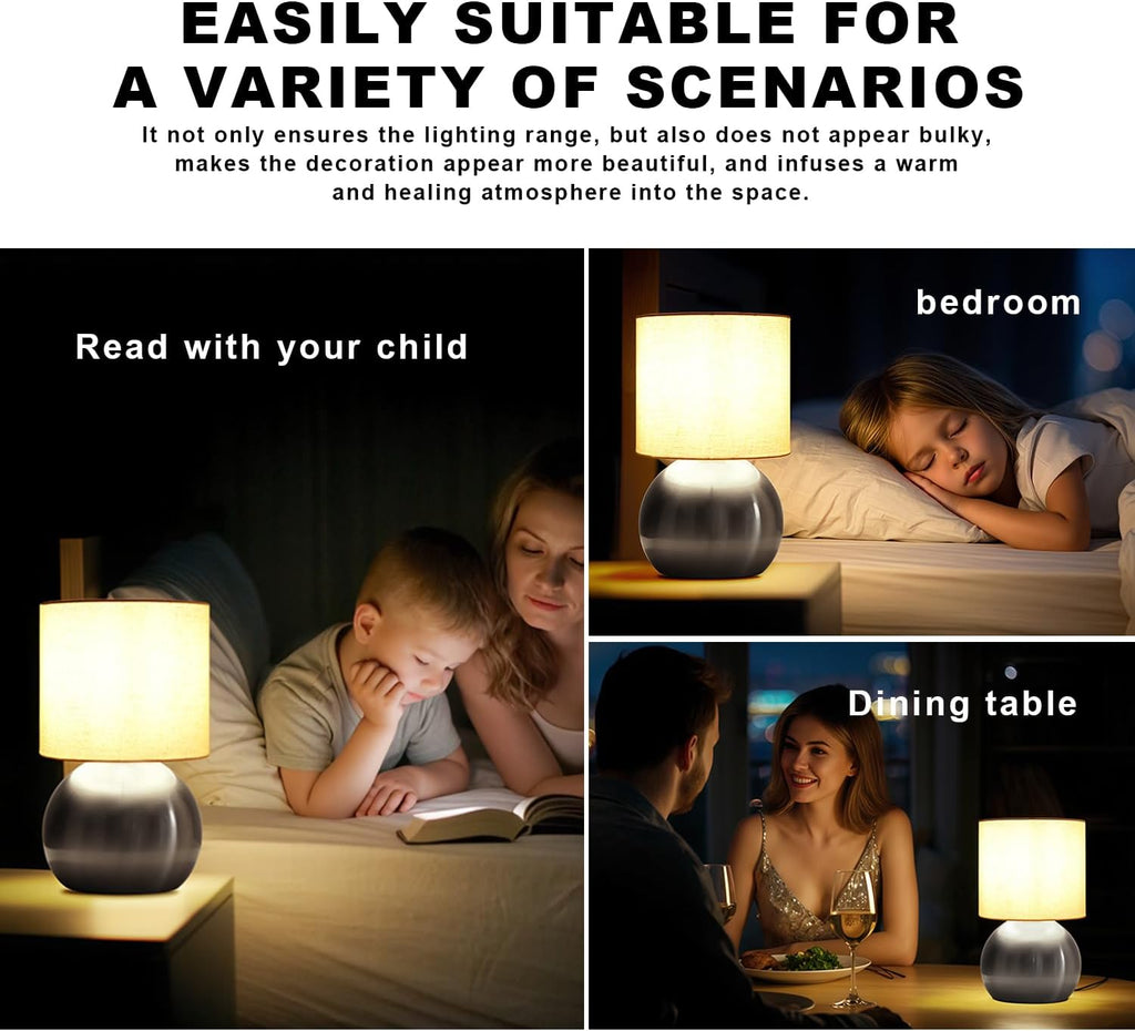 Modern Silvery Small Table Lamp with Cotton Linen Shade, 10.4-inch LED Desk Light, One-Button Switch for Bedroom, Living Room…
