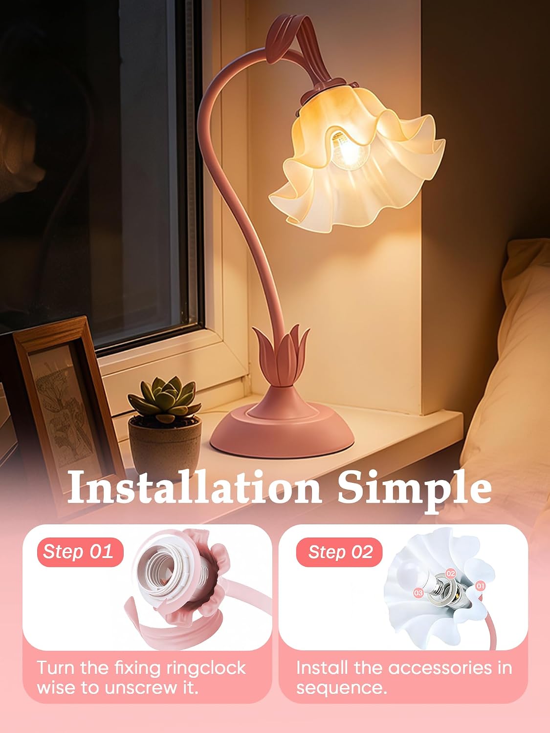Bedside Table Lamp for Bedroom, Vintage Flower Table Lamps, LED Reading Light 3 Color Modes Bedside Lamps, Nightstand Lamp Kawaii Desk…