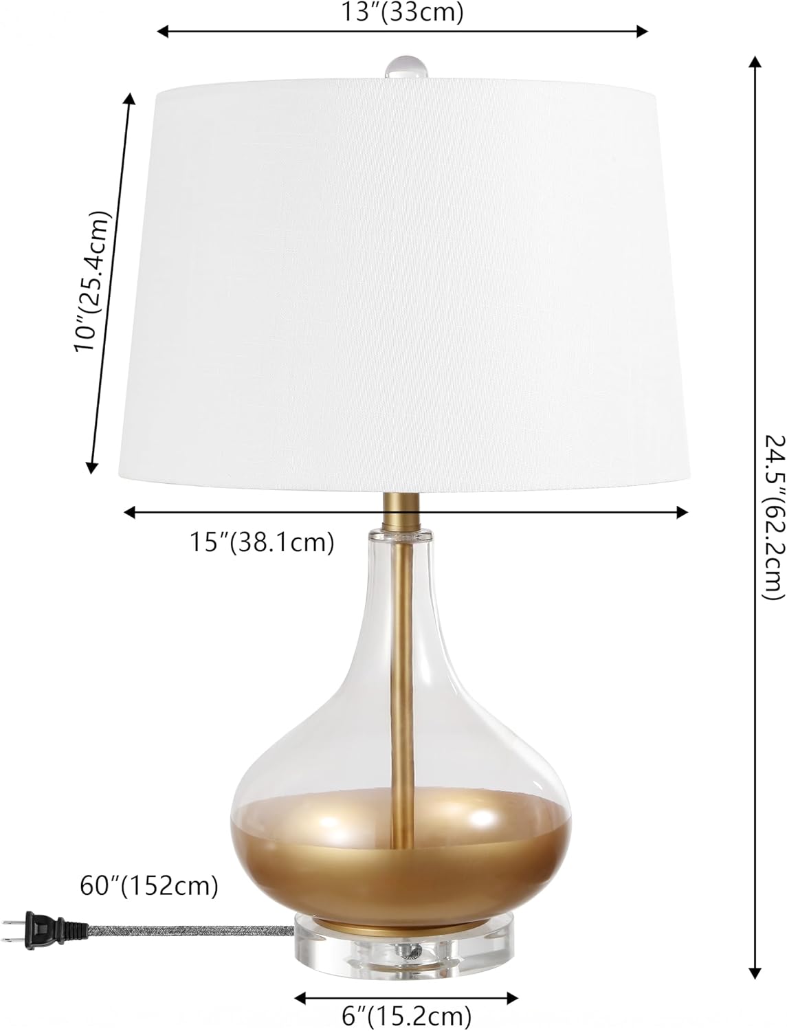 JONATHAN Y 24.5" Gold Painted Glass Table Lamp, Modern Glam Teardrop Nightstand Lamp with White Linen Drum Shade and Crystal Base, UL…