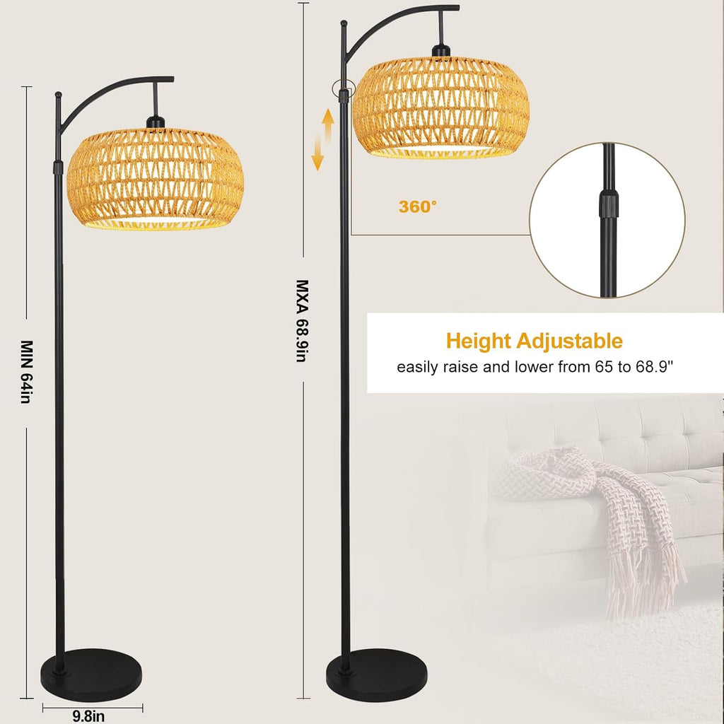 Arc Floor Lamps for Living Room Rattan Boho Floor Lamp with Remote Control, Dimmable LED Floor Lamp Wicker Lamp Shades Black Standing Lamp…