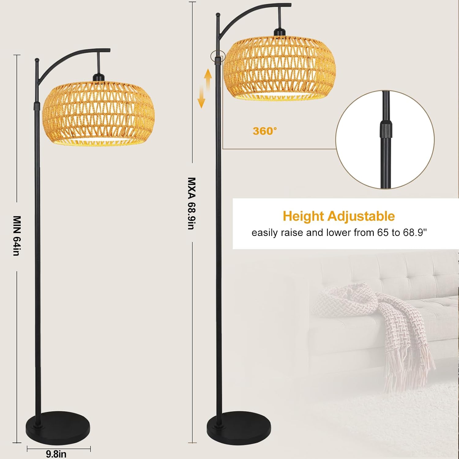 Arc Floor Lamps for Living Room Rattan Boho Floor Lamp with Remote Control, Dimmable LED Floor Lamp Wicker Lamp Shades Black Standing Lamp…
