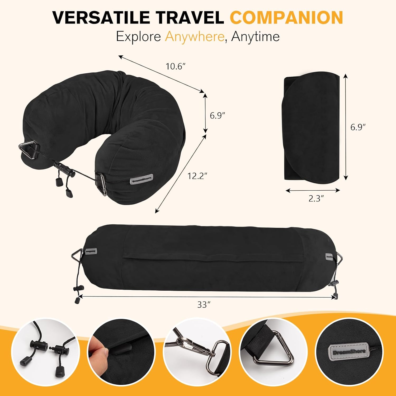 DreamShore Travel Pillow for Extra Luggage:Stuffable Neck Pillow with Adjustable Neck Size|Fits 3+ Days of Travel…