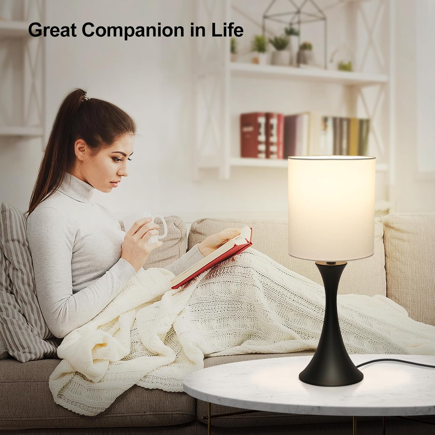 Seaside village 3 Way Touch Control Table Lamp, Modern Bedside Lamp for Bedroom, Dimmable Black Nightstand Lamp White Shade Desk Reading…