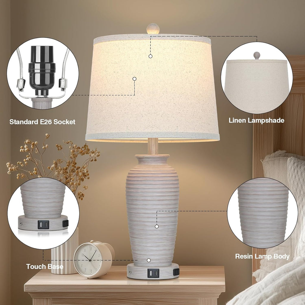 CINSARY 25" Vintage Farmhouse Jar Table Lamps, Single Rustic Bedside Lamp with USB A+C Ports & AC Outlet, Nightstand Lamps for Living…