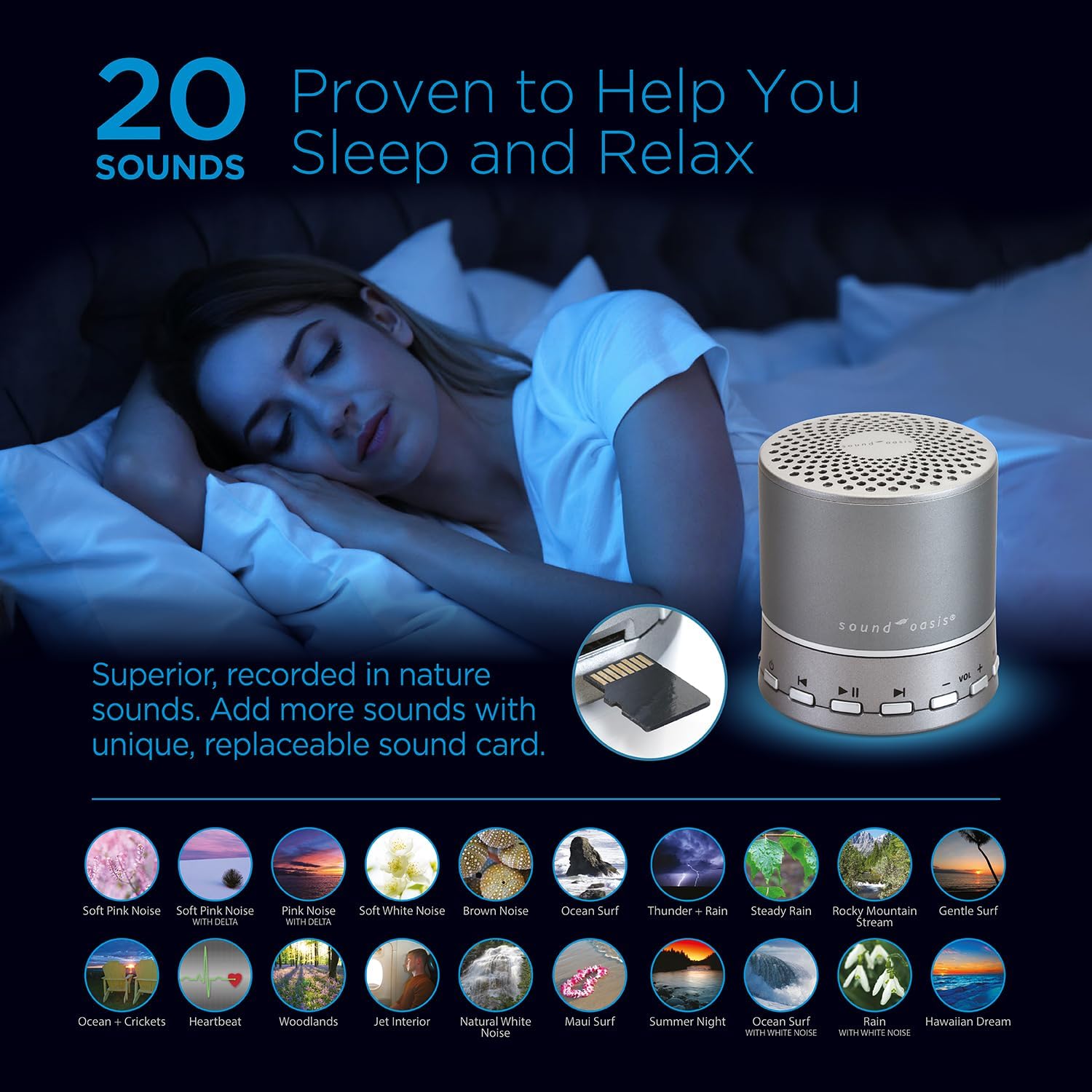 Sound Oasis Bluetooth White Noise Machine – Portable Sound Machine with 20 Non-Looping Nature, Pink & Brown Noise Sounds, Tinnitus Masker…