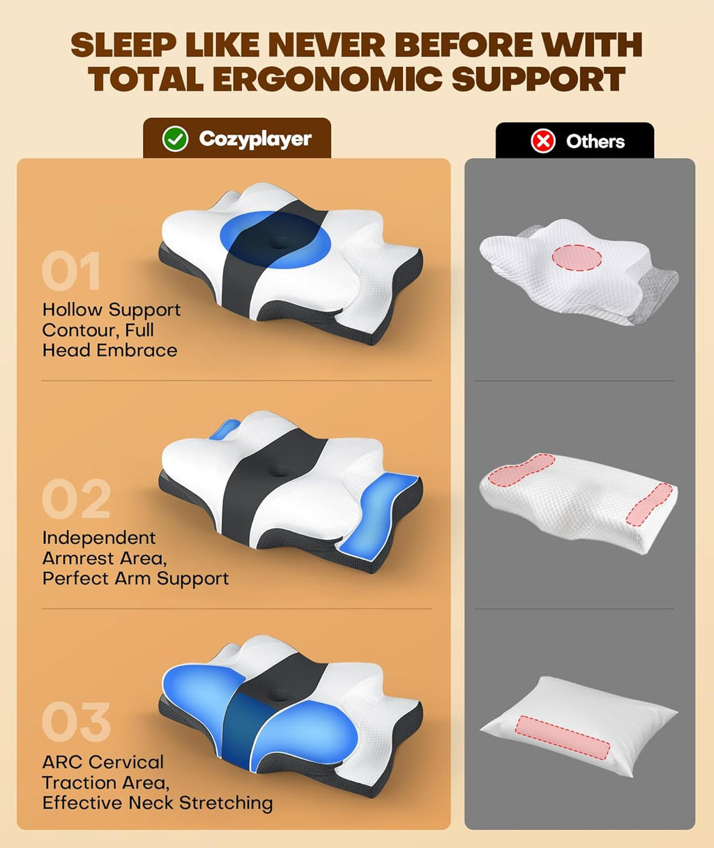 Cozyplayer True Cooling Cervical Neck Pillow for, Ergonomic Side Sleeper Pillow for Neck Support, Odorless Orthopedic Contour Memory Foam…