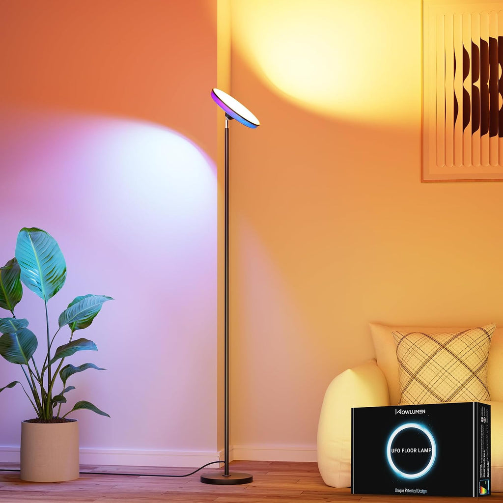 Wowlumenofficial UFO LED Torchiere Floor Lamp with RGB Ambient Light, 42W 3700LM Bright Dimmable Sky Lamp,71in Modern Tall Standing Lamp wi…