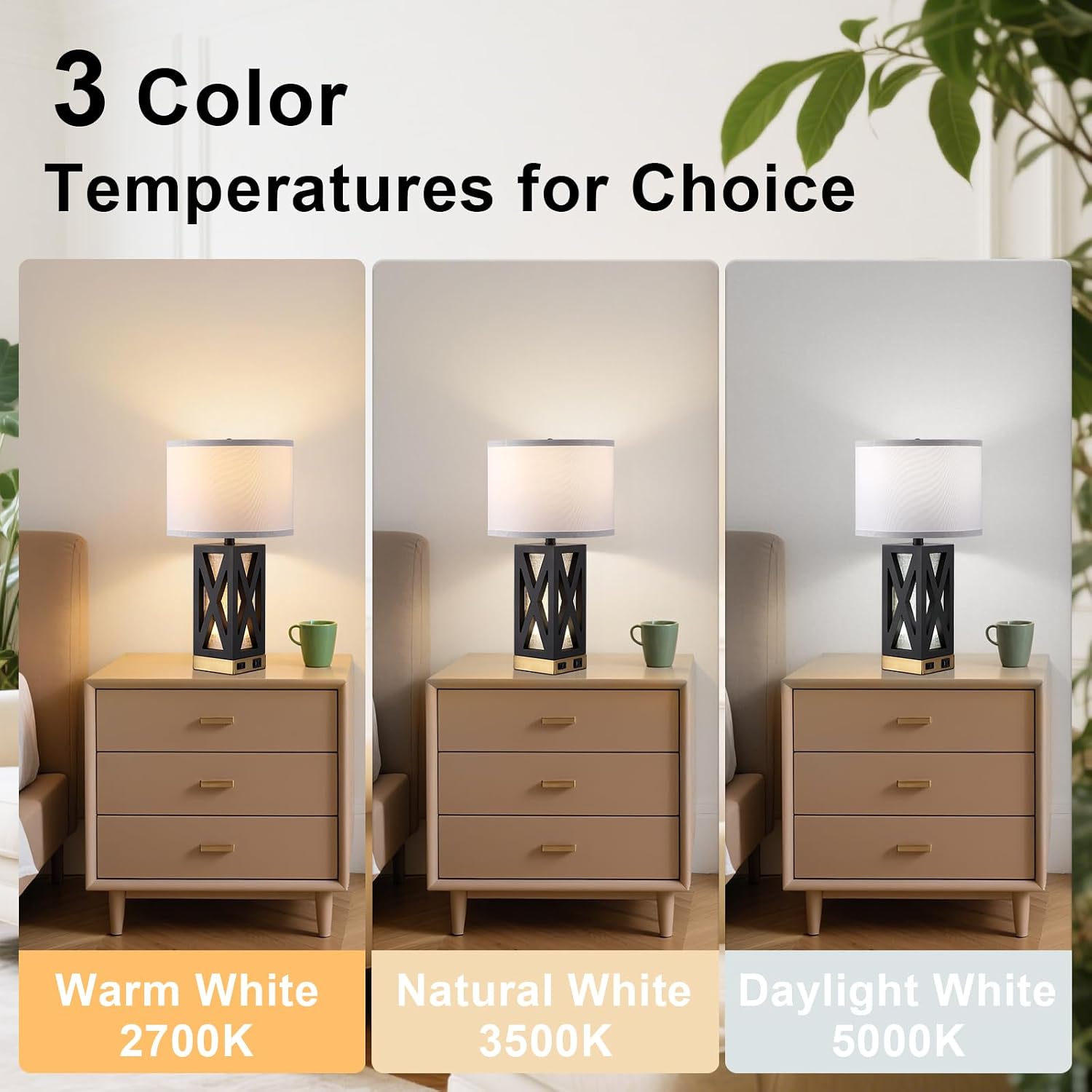 Set of 2 Wood Table Lamp with 3 Color Temperatures, Nightstand Table Lamp with AC Outlet, USB A & C Charging Port, Bedside Lamps for…