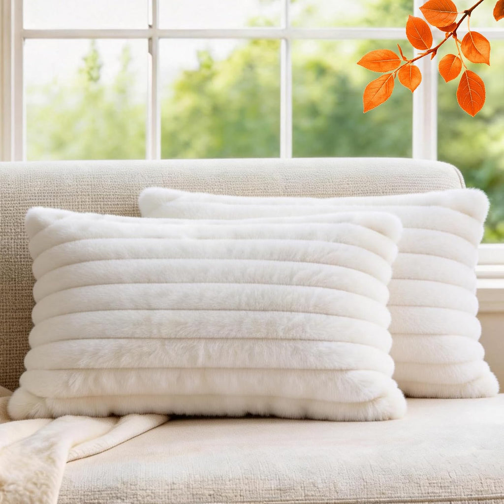 MEGAYES Pack of 2 Throw Pillow Covers 20x12 Decorative Solid Plush Faux Fur with Soft Velvet Back, Square Striped Cushion Cases Mode…