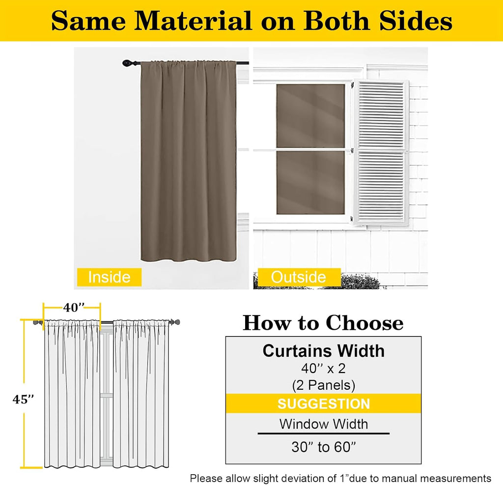 WelvetBLK Brown Room Darkening Curtains for Bedroom Living Room 45 Inch Length 2 Panels Set, Soft Solid Thermal Insulated Rod Pocket Short…