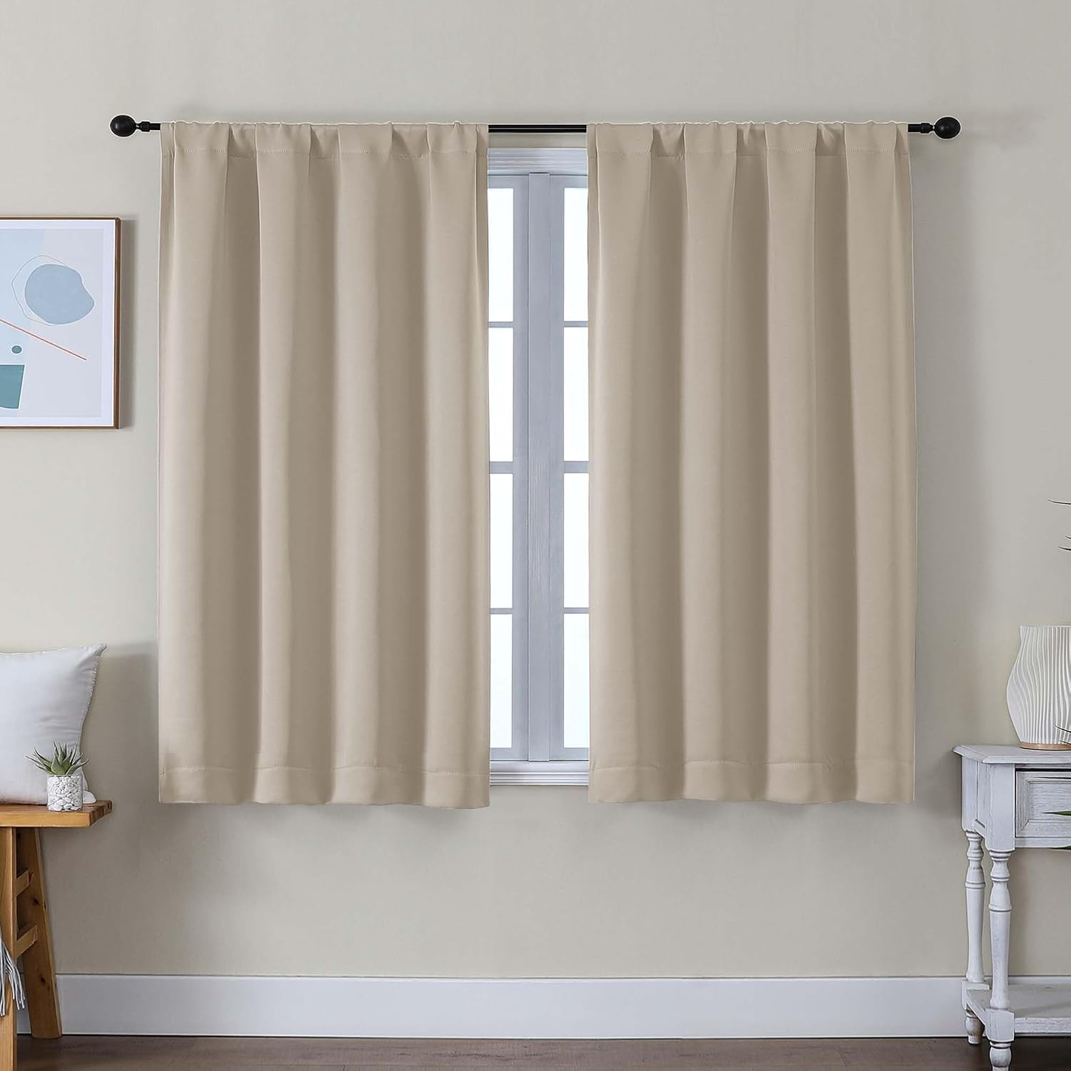 Simplebrand Ava Biscotti Beige Short Blackout Curtains for Bedroom 45 Inches Long 2 Panels Set, Solid Thermal Insulated, Energy Saving Wind…