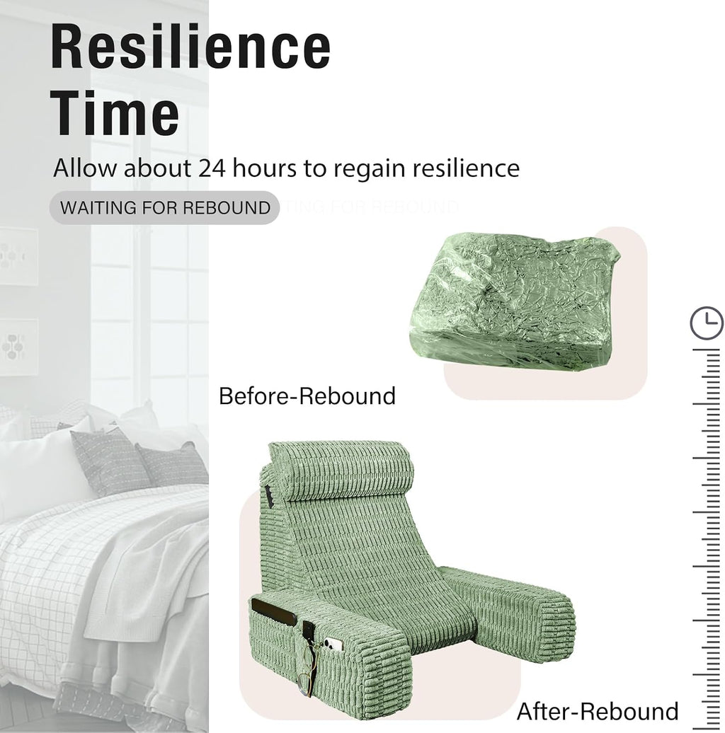 21" Reading Pillow for Bed Sitting Up, Back Support Pillow with Built-in Arms & Large Pockets, Washable Cover, Sage Green