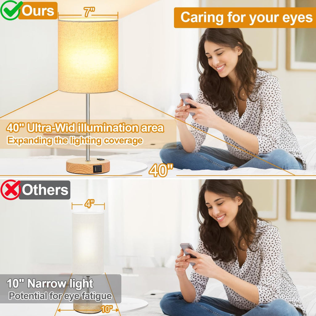 Lynnoland Set of 2 Touch Wood Table Lamps, Bedroom Lamps with 2 USB AC Outlet, 3-Way Dimmable Bedside Nightstand Lamps for Bedroom Living…
