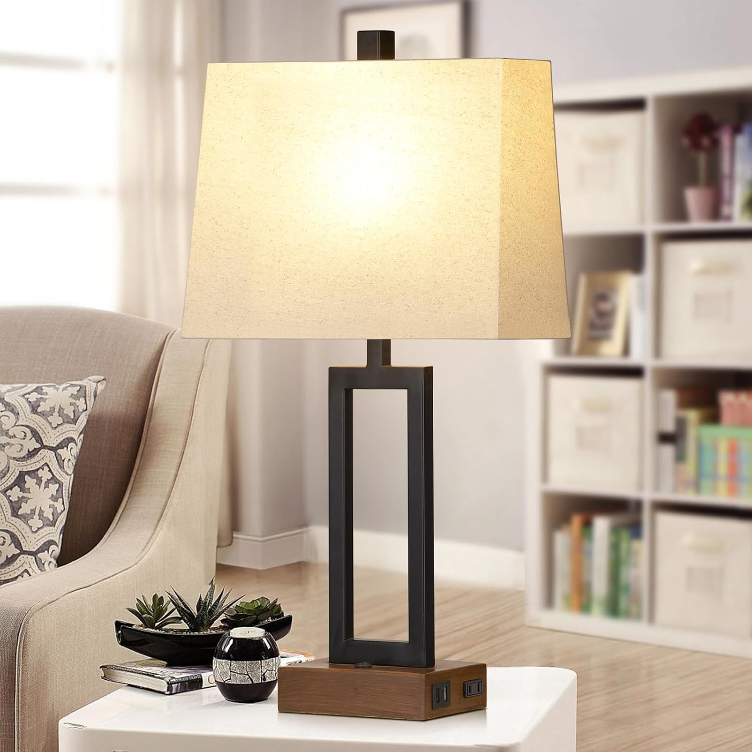 Lolikit Table Lamp for Bedroom Set of 2 with 2 USB Ports and AC Power Outlet, 23.5" Modern Bedside Lamp, Wood Nightstand Lamp with Linen…