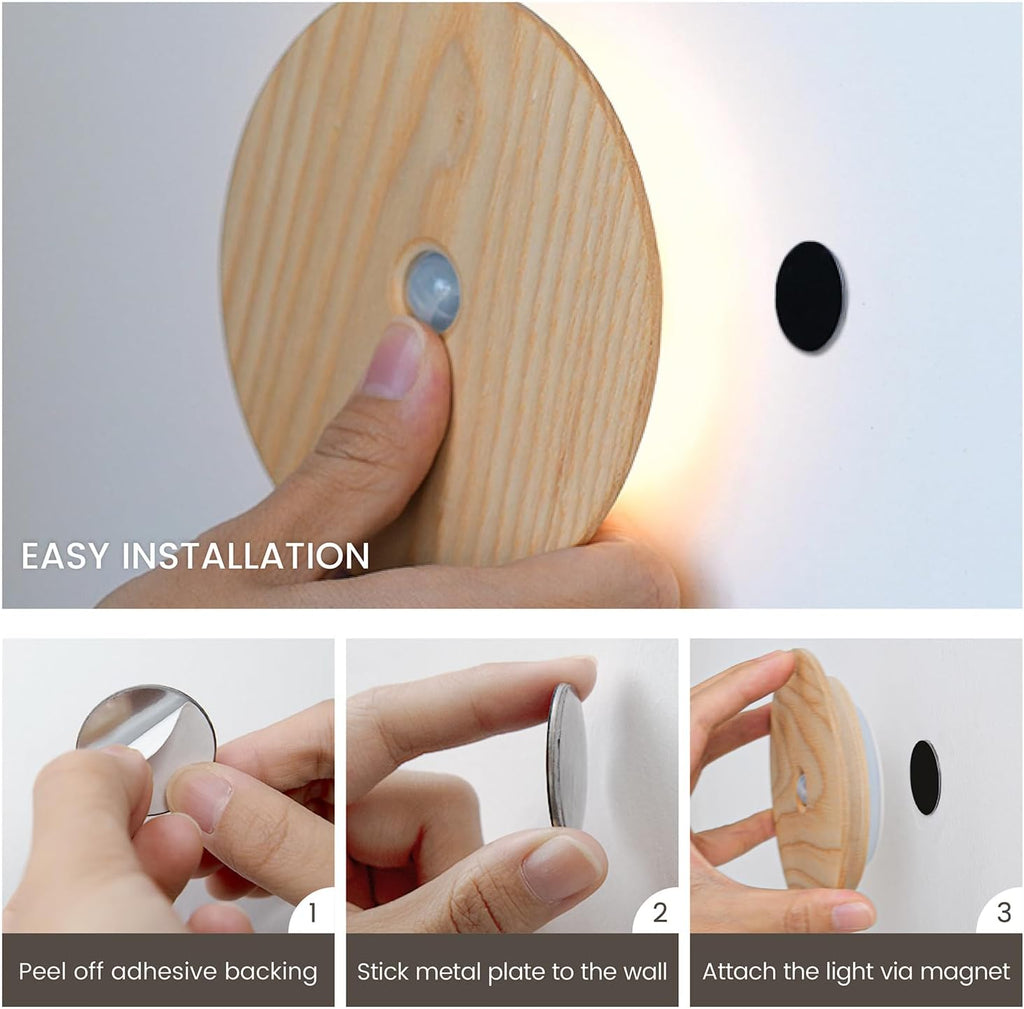 Motion Sensor Night Lights Wood, Rechargeable Battery-Powered Magnetic Stick-On Night Lights Wall Lights for Hallway, Bedroom, and Stairs…