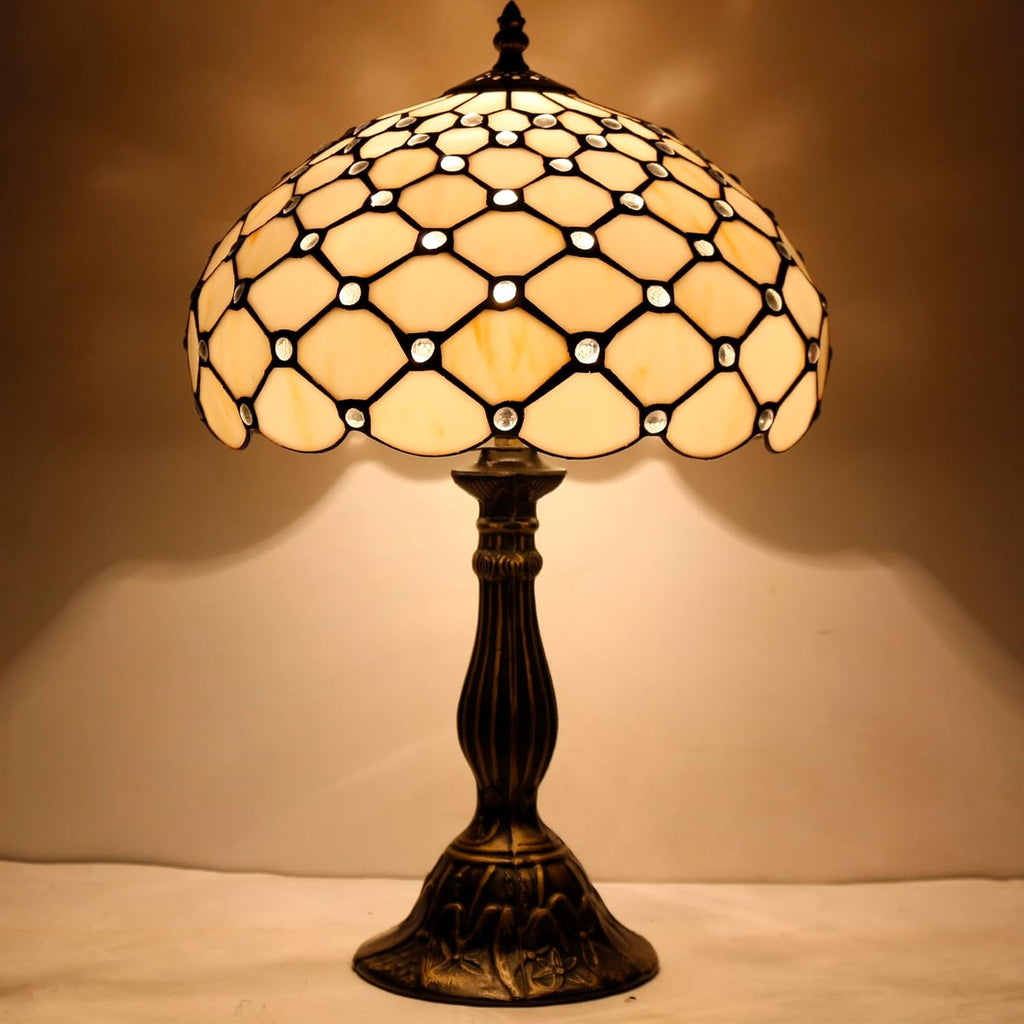 WERFACTORY Tiffany Lamp Cream Amber Stained Glass Bead Table Lamp Desk Bedside Reading Light 12X12X18 Inches Deco Bedroom Living Room…