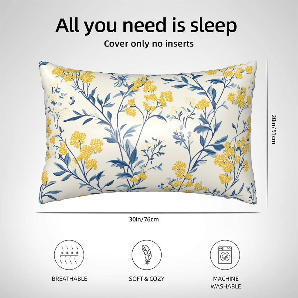 Imitation Silk Pillowcase for Hair and Skin Blue Leaves Bright Yellow Flowers 1 Pack Satin Queen Pillowcase with Hidden Zipper Cooling…