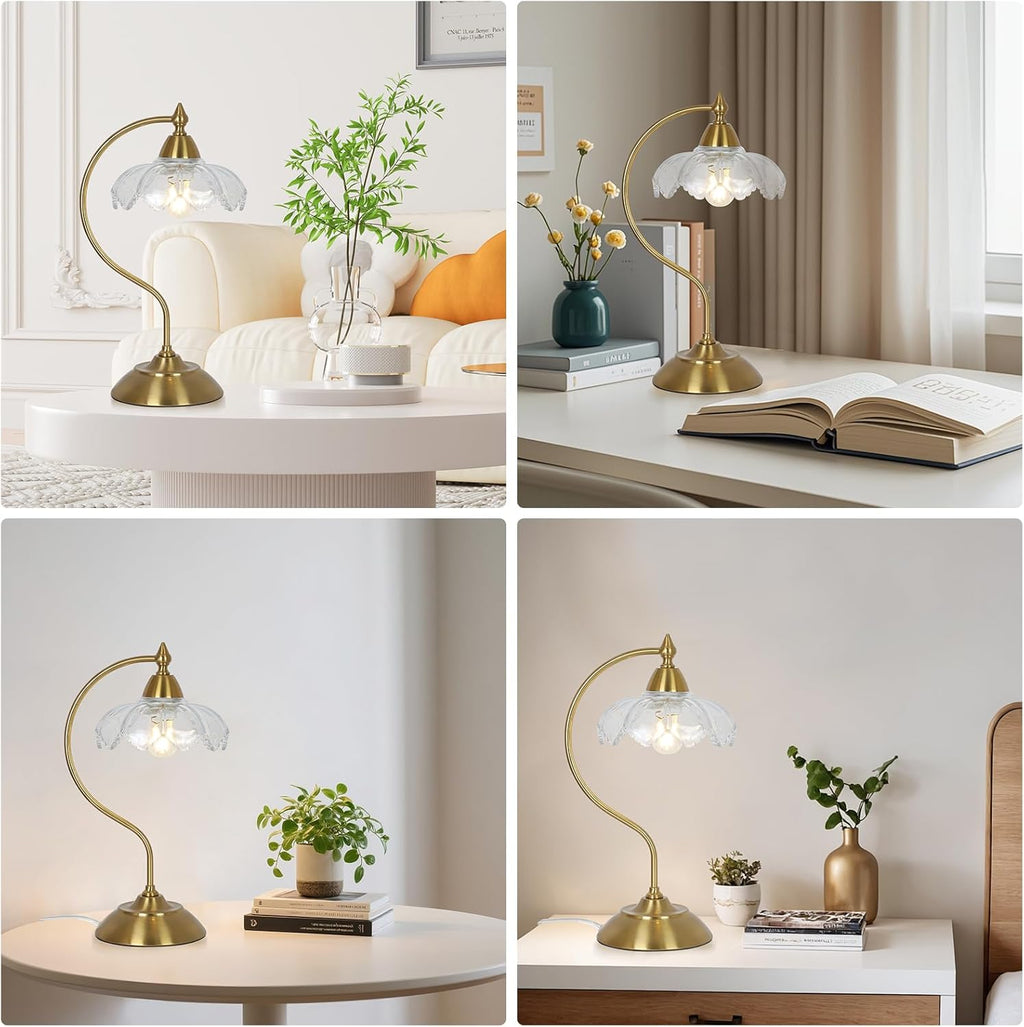 Glass Desk Lamp, Gold Table Lamps for Living Room, Brass Side Table Lamp with Clear Flower Shade, Desk Lamps for Home Office, Mid Century…