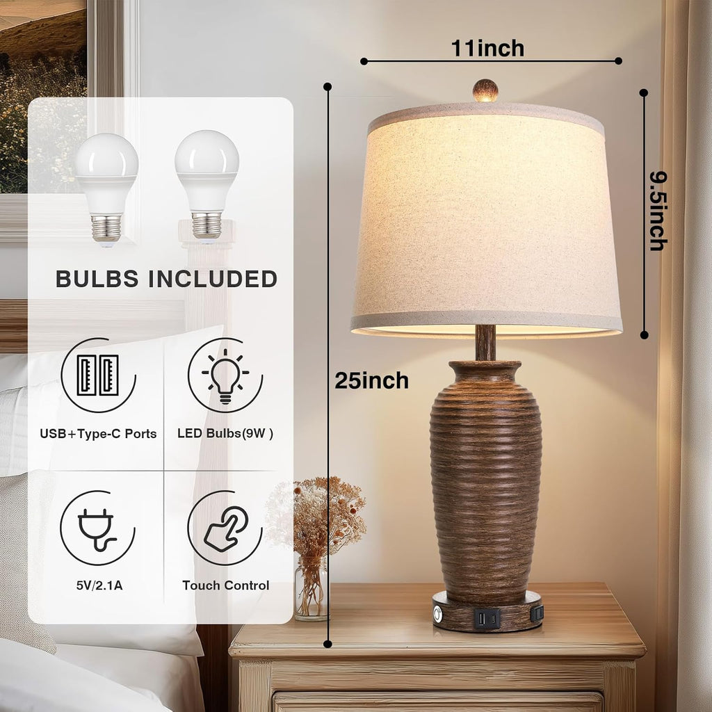 CINSARY 25" Retro Walnut Brown Farmhouse Jar Table Lamps Set of 2, 3 Way Touch Control Rustic Bedside Lamps with USB A+C Ports & AC…