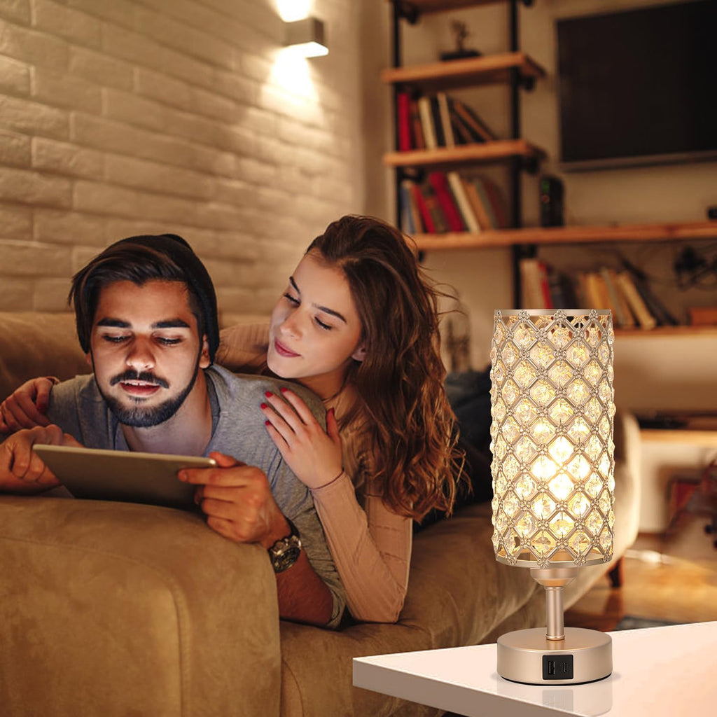 Crystal Table Lamp with USB C+A Ports, 3 Way Dimmable Touch Lamp with Crystal Shade, Champagne Gold Bedside Nightstand Small Lamp for…