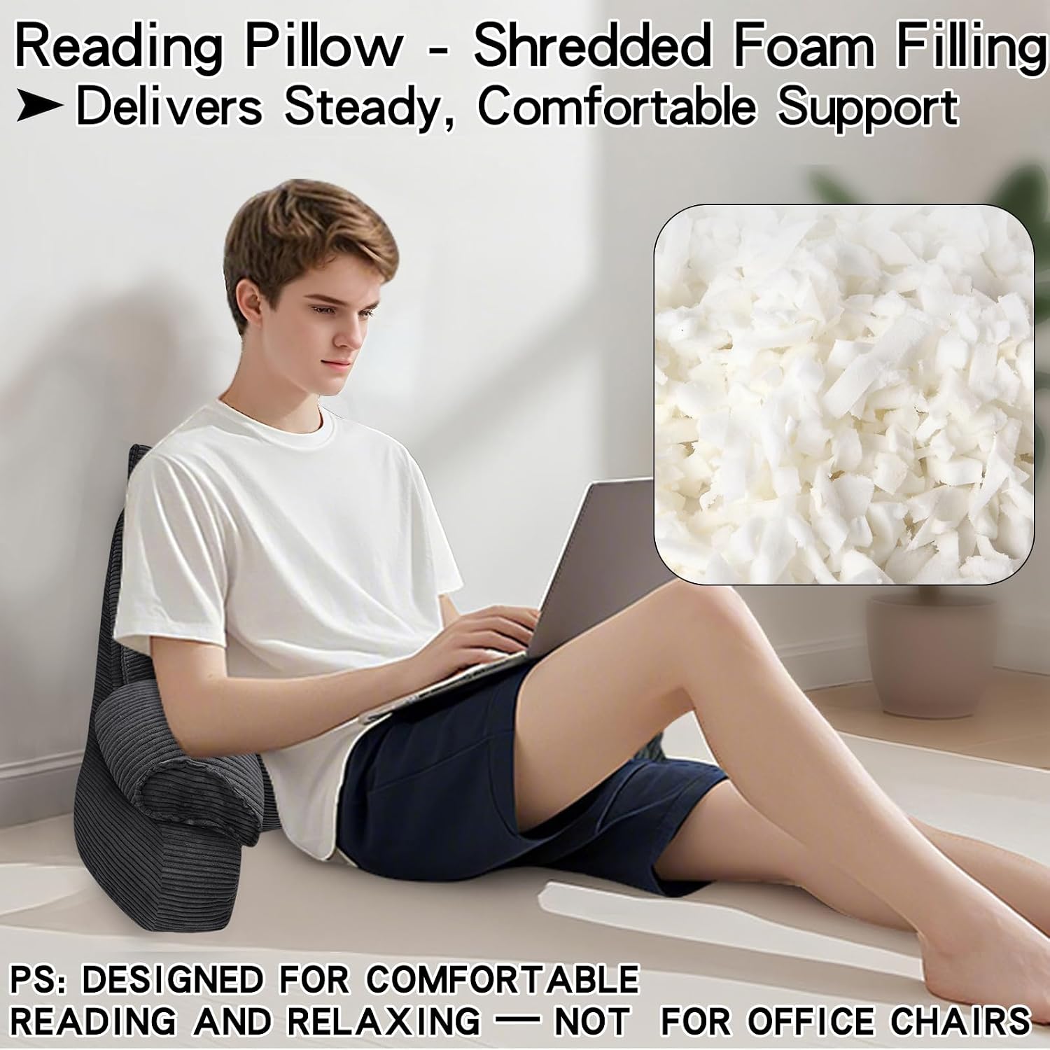 RRPAHWTV Reading Pillow for Bed with High Arm Rests, Back Support Pillow for Sitting Up in Bed with Shredded Memory Foam for Reading, TV…