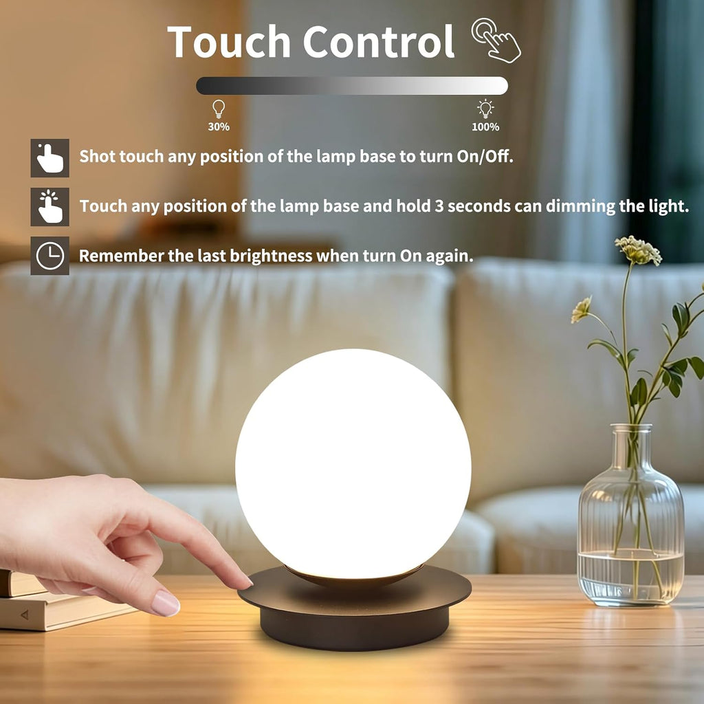 Touch Bedside Table Lamp, Matte Black Modern Small Nightstand Lamp for Bedroom Living Room Kids Room, Milky White Globe Glass Desk Lamp…