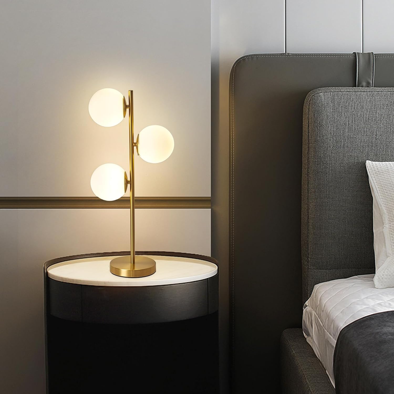 Mid Century Modern 3-Light Table Lamp, Gold LED Nightstand Lamp with White Glass Shades, Bedside Decor Lamp for Bedroom Living Room Office