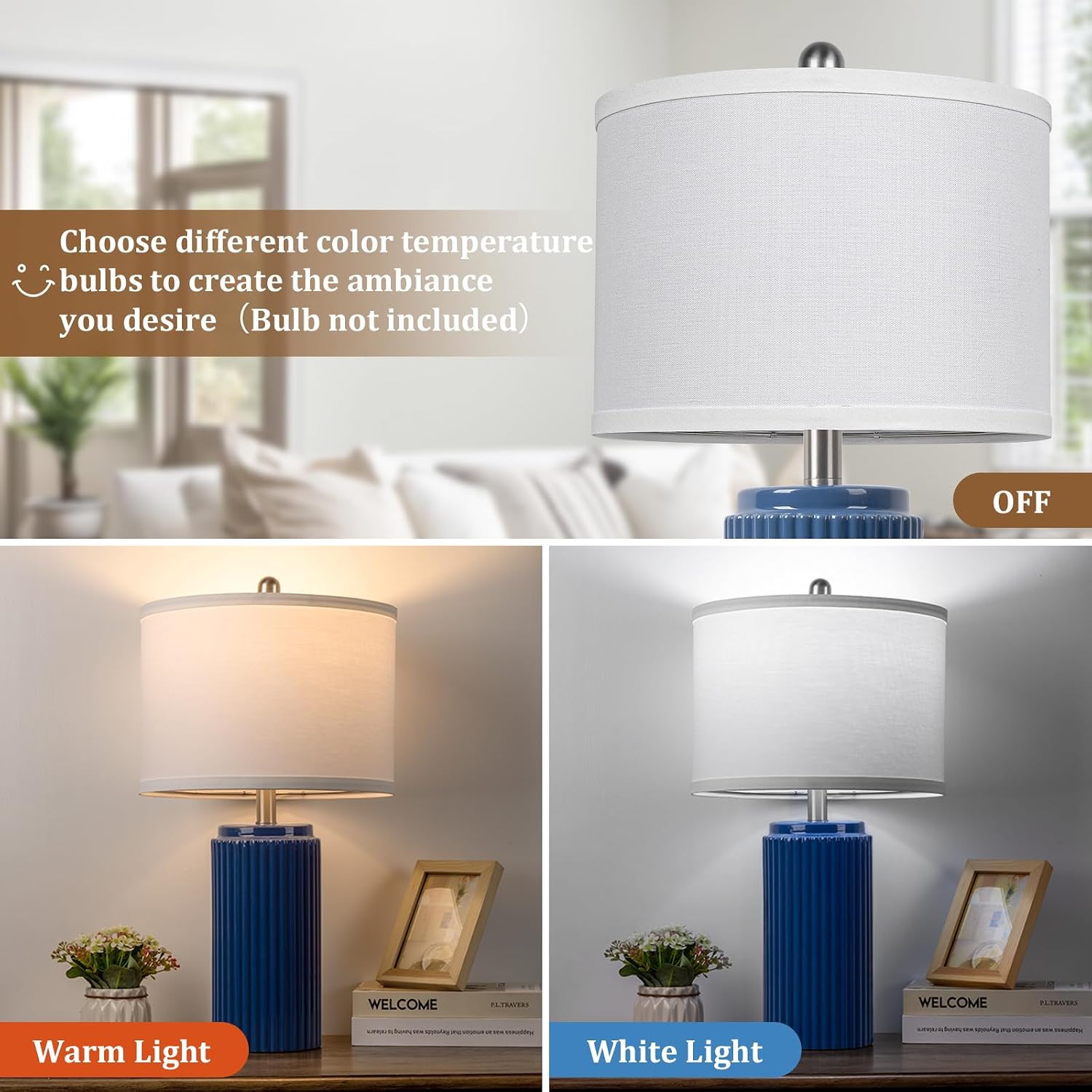 Tobusa 23.5’’ Blue Table Lamps for Bedroom Set of 2, Modern Farmhouse Ceramic Bedside Nightstand Lamps for Living Room, Decorative Boho Cer…