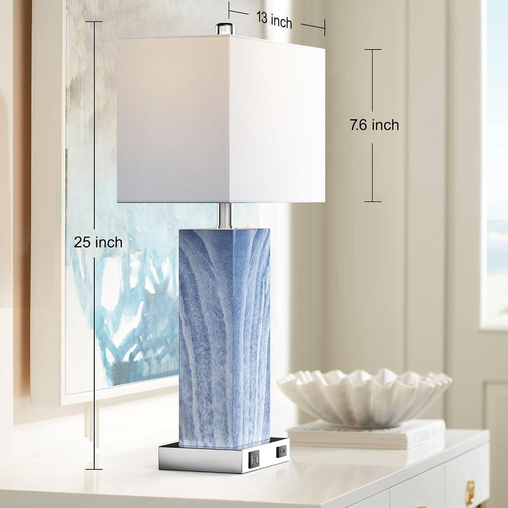 Touch Control Table Lamps with White Fabric Shade Set of 2, 3-Way Dimmable Modern Ceramic Blue Nightstand Bedside Lamp with 2 USB Ports 1…
