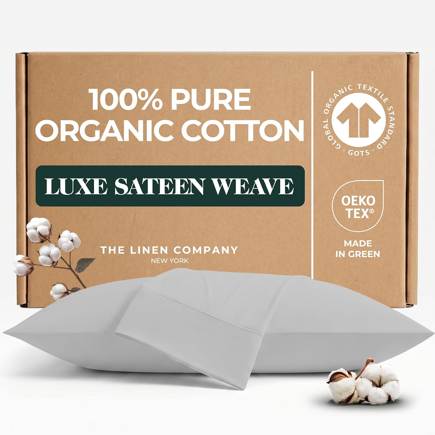 100% GOTS Certified Organic Cotton Pillowcases King - Oeko-Tex Certified 415 Thread Count Hemstitched Pillow Cases, Skin-Friendly, Silky…