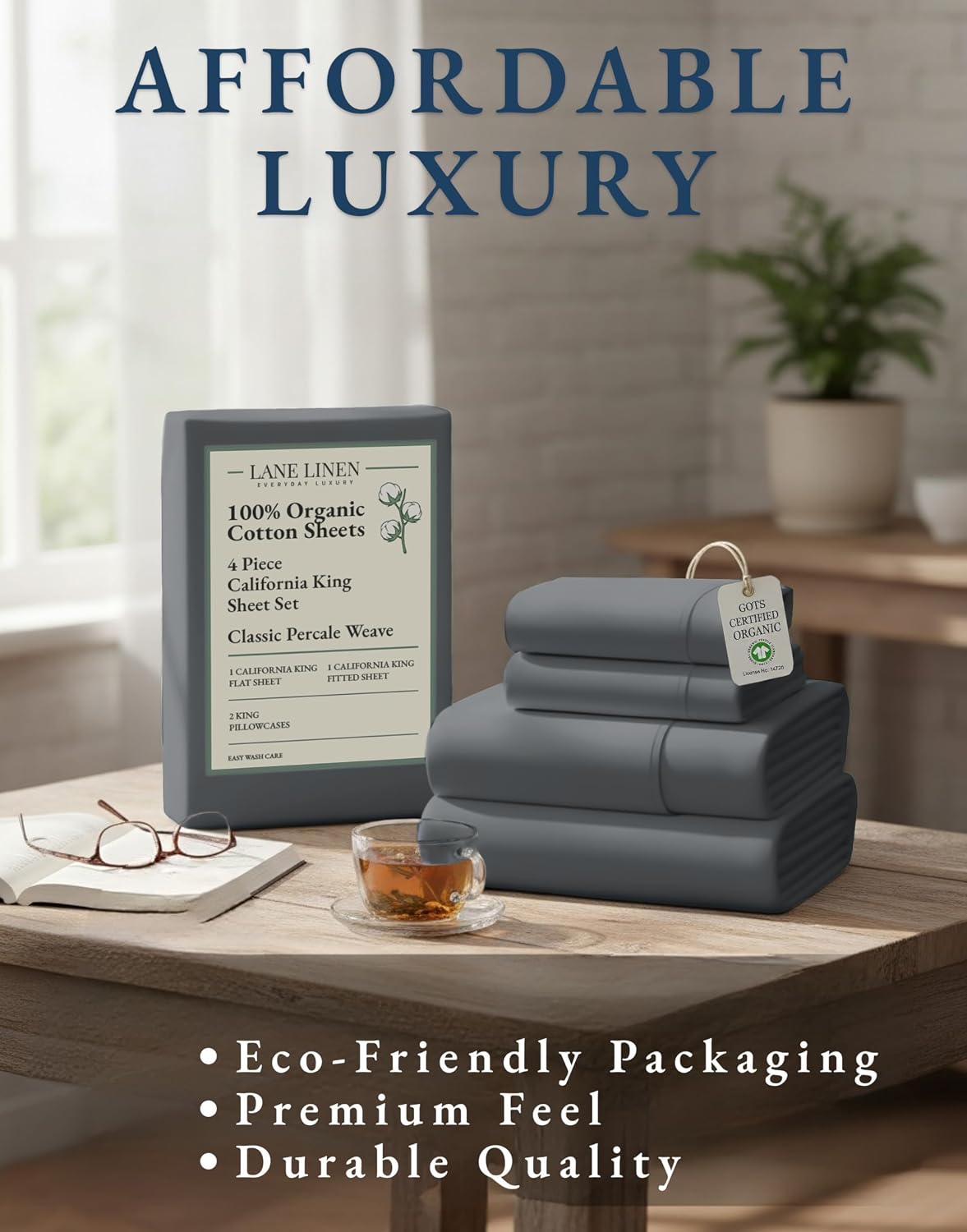 LaneLinen LANE LINEN 100% Organic Cotton California King Sheets Set, Fully Elasticized Reinforsed Seams in Fitted Pocket, Machine Washable…
