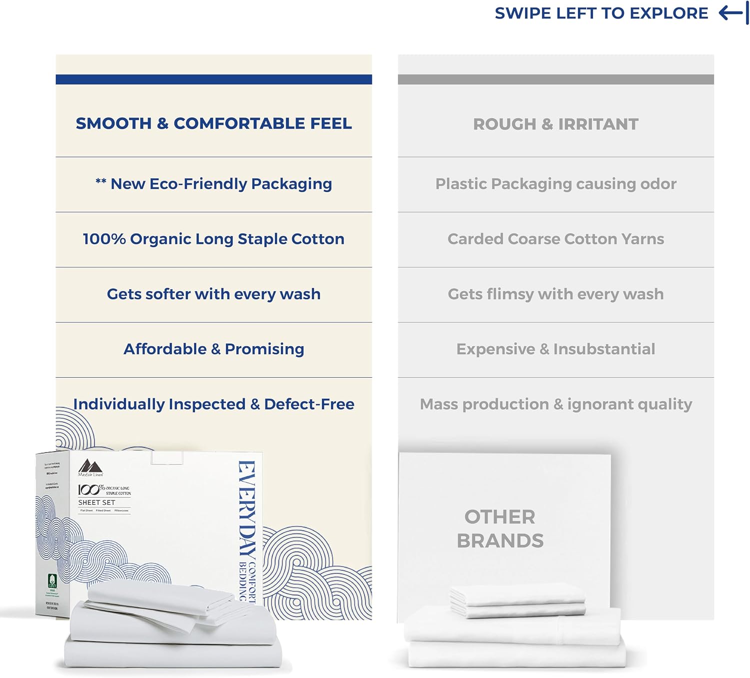 Mayfair Linen 100% Organic Cotton Percale Sheets - California King Size, 4 Piece Set, Percale Weave, Crisp, Cooling, 16" Deep Pocket…